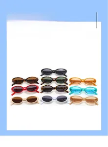 Flat lay display of retro oval frame sunglasses in ten vibrant assorted colors