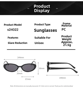 Detailed size chart of S24022 oval sunglasses with dimensions and frame specifications