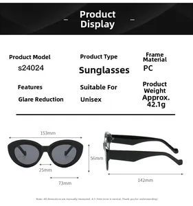 Detailed size chart for retro oval sunglasses showing dimensions and PC frame specs