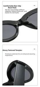 Detail of ergonomic non-slip nose pads and glossy resin temples on large oval sunglasses