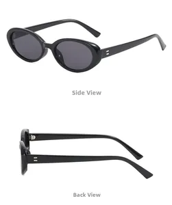Detailed side and back views of oval sunglasses with silver metal temple accents