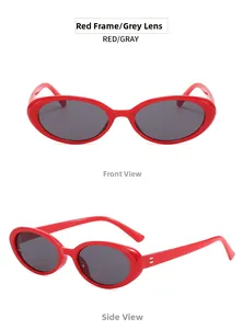 Front and side view of classic oval sunglasses with red frames and gray lenses