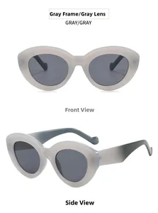 Detail view of cat-eye retro sunglasses featuring matte gray frame and dark gray lenses