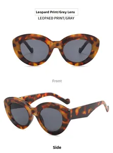 Front and side view of leopard print sunglasses with grey lenses and thick oval frame