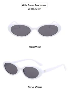 Classic retro oval sunglasses with white frames and gray lenses shown from front and side angles