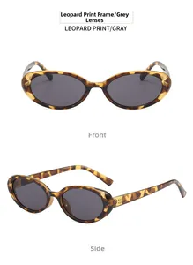 Detailed front and side views of retro leopard print oval frame sunglasses with gray lenses
