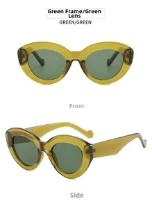 Front and side views of vintage oval sunglasses with translucent green resin frames