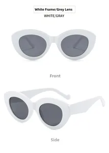 Front and side views of vintage cat-eye sunglasses with white frames and gray lenses