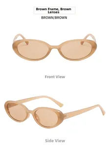 Front and side view of classic retro oval sunglasses with brown frames and lenses
