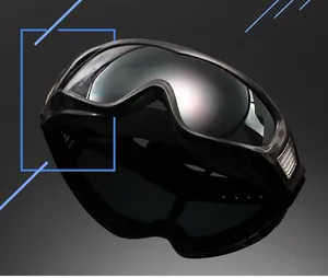 Detail of professional black safety goggles with side vents and adjustable elastic headband