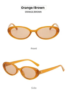 Close-up of retro oval sunglasses with orange frames and brown lenses from front and side views