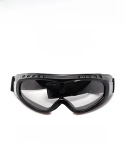 Detail of sports goggles featuring a black frame with top ventilation vents and padding