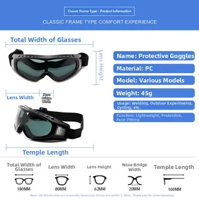 Size chart showing exact dimensions for protective outdoor cycling and safety glasses