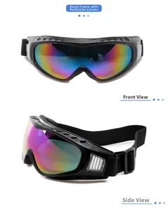 Detailed front and side views of black cycling goggles with colorful iridescent lenses