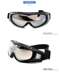 Detail of black cycling goggles with silver mirrored lenses and adjustable elastic strap