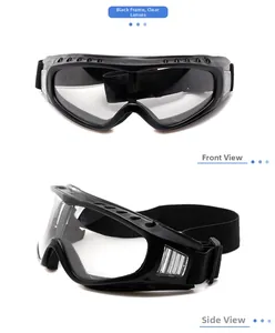 Tactical sports goggles with black frame and clear lens showing front and side views