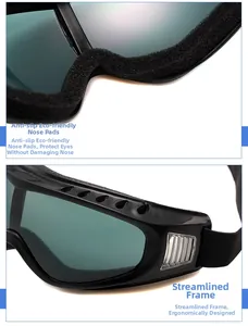 Detail of anti-slip nose pads and streamlined frame on protective outdoor cycling goggles