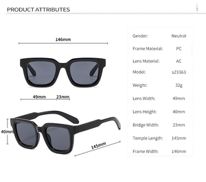 Detailed dimension guide for black square oversized sunglasses showing frame measurements