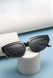 Close-up of black retro cat-eye sunglasses with thick frames and premium metal hinges