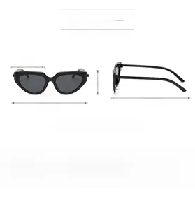 Detailed size specifications of black cat-eye sunglasses with PC frame measurements