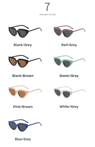 Collage of retro triangular cat-eye sunglasses showcasing seven trendy color options