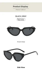 Front and side views of vintage black triangle cat eye sunglasses with gray lenses