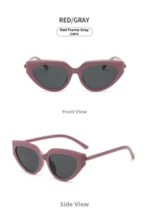 Detailed views of red geometric cat eye sunglasses with dark gray lenses from multiple angles