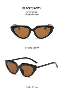 Front and side views of vintage cat eye sunglasses with black frame and brown lenses