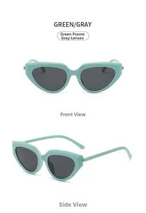 Front and side views of vintage mint green cat eye sunglasses with grey lenses