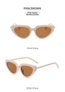 Front and side views of pink retro cat eye sunglasses with brown tinted lenses
