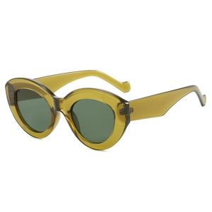 Retro oval sunglasses with translucent olive green frames and dark green lenses