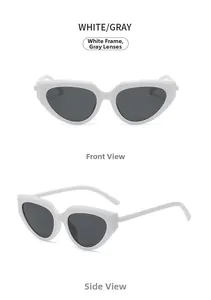 Front and side view of small cat-eye sunglasses with white frames and gray lenses