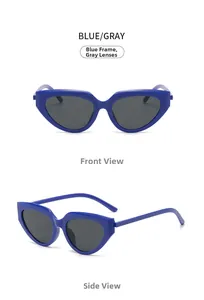 Detail view of small cat eye sunglasses with thick blue frames and gray lenses
