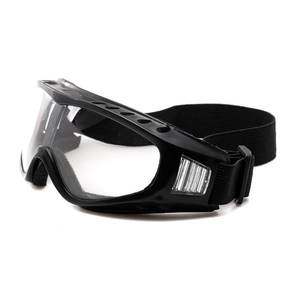 Outdoor sports goggles with black frame, transparent impact lens and adjustable strap