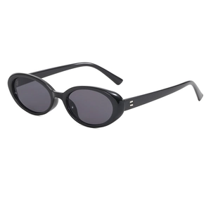 Classic black oval sunglasses with high-gloss frame and silver metal accents on the side