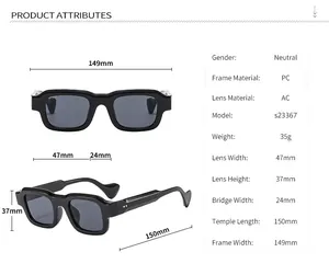 Detailed size guide for rectangular sunglasses showing frame width 149mm and temple length