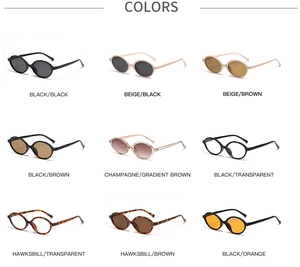 Matrix display of nine color variants for retro oval frame sunglasses with assorted lenses