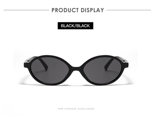 Front view of retro black oval sunglasses with sleek black lenses on white background