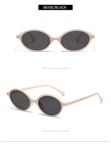 Front and 45-degree views of beige vintage oval sunglasses with dark lenses