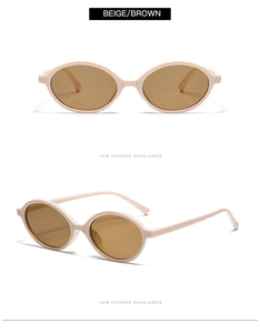 Detailed view of beige oval sunglasses with brown lenses showing two different angles