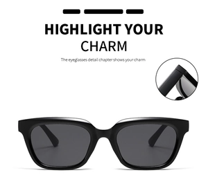 Detail of the high-quality hinge and connection of black square frame sunglasses
