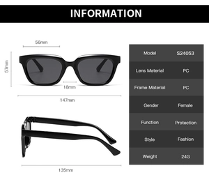 Detailed size chart for black square PC frame sunglasses with dimensions and specifications
