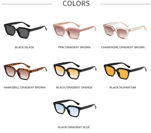 Collection of seven colorful square frame sunglasses shown in a grid layout