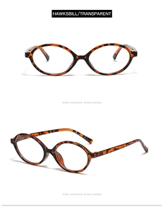 Detail of tortoise shell oval sunglasses frame with transparent lenses in dual perspectives
