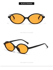 Front and side view of retro small oval black sunglasses with orange tinted lenses