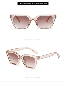 Detail view of champagne square sunglasses with gradient brown lenses and model text
