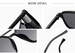 Macro view of black square sunglasses featuring sturdy hinges and integrated nose pads