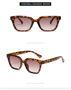 Detail showing hawksbill square frame sunglasses with gradient brown resin lenses
