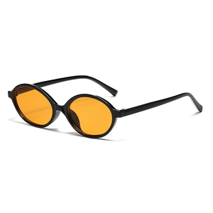 Retro oval sunglasses with black glossy frames and orange lenses in a 45-degree view
