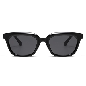Classic small square black sunglasses with dark grey lenses in a modern minimalist style